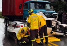 Mulher de 26 anos morre após carro de luxo rodar na pista e parar embaixo de caminhão na SC-418